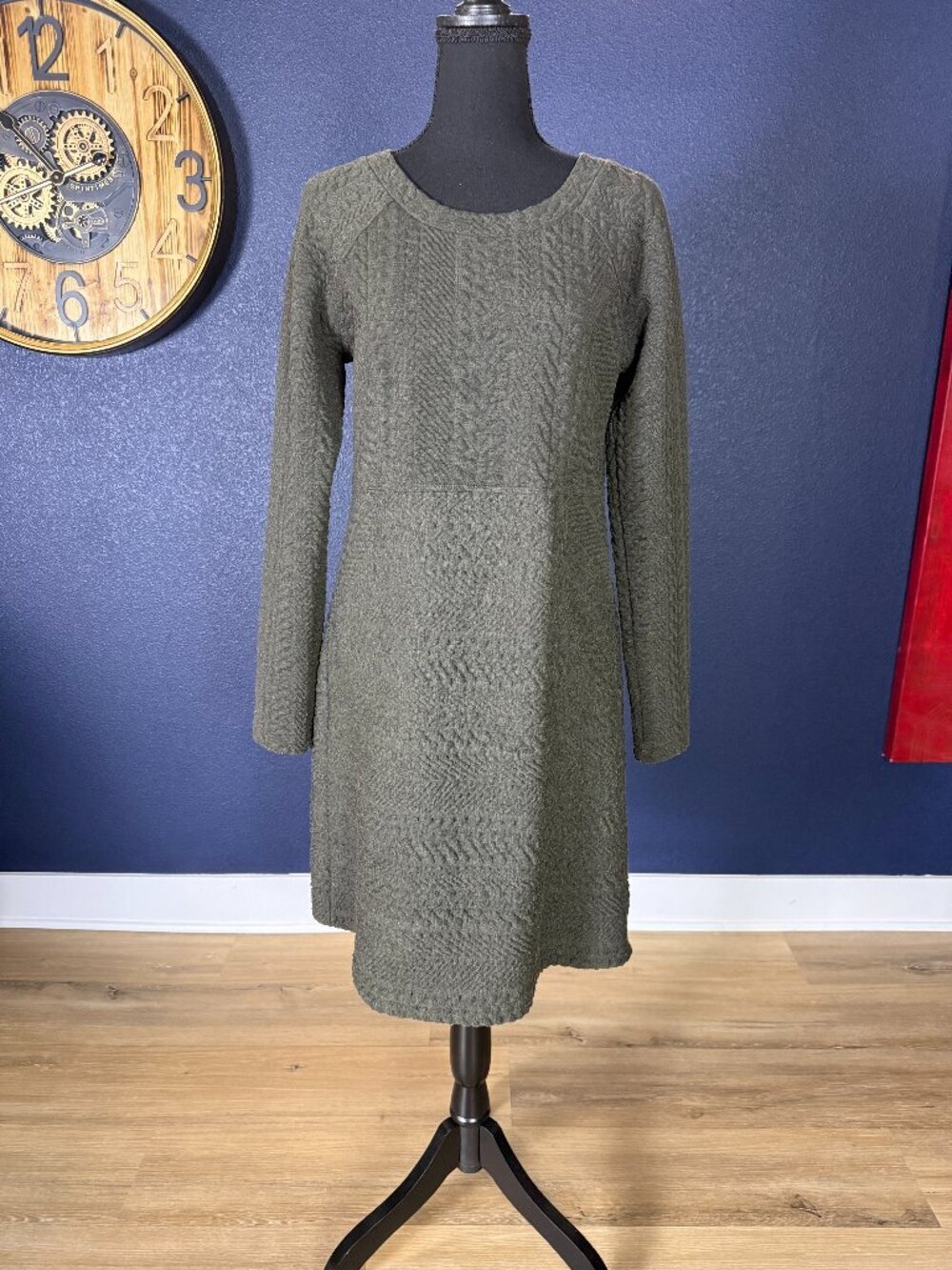 prAna Olive Green Textured Knit Long Sleeve Sweater Dress | S